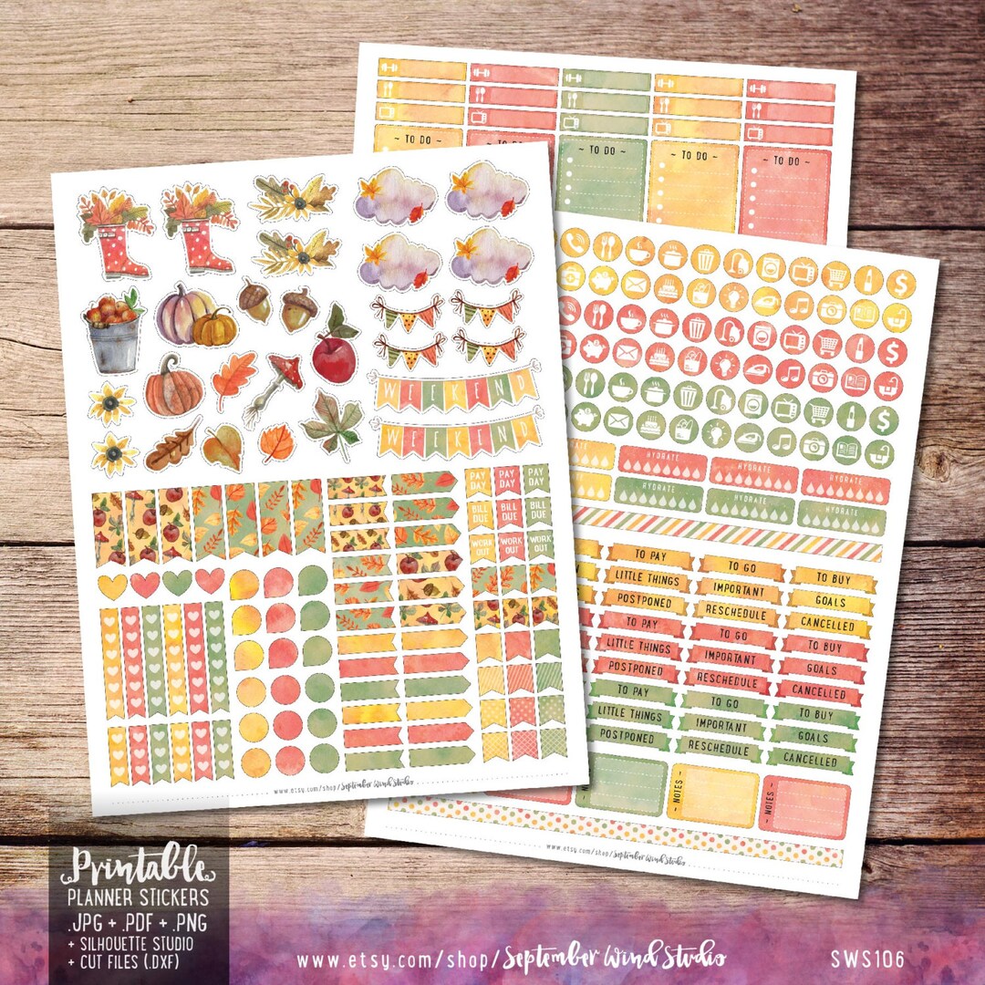 Autumn Printable Planner Stickers, Watercolor Autumn Stickers, Fall ...