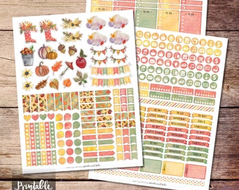 Autumn Printable Planner Stickers, Watercolor Autumn Stickers, Fall Stickers, Printable Stickers, Printable Weekly Kit Stickers, Cut File