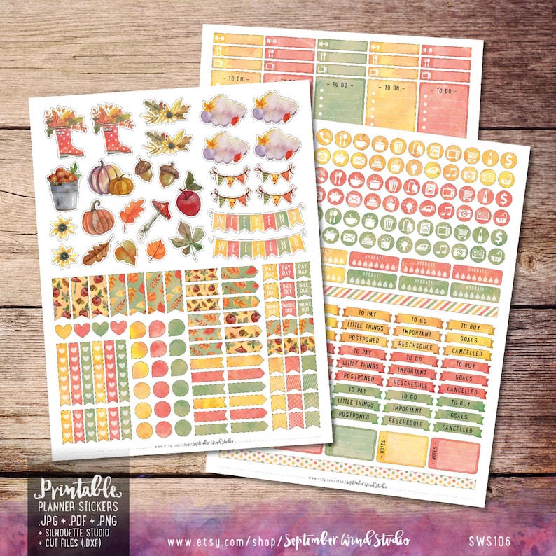 Autumn Printable Planner Stickers Watercolor Autumn Stickers - Etsy