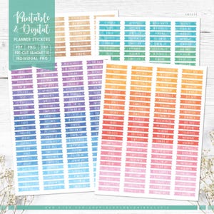 May include: A collection of colorful planner stickers with various labels like "Tasks," "Goals," and "Urgent." The stickers are in rectangular shapes with a watercolor effect, featuring shades of purple, blue, orange, and pink. The image also includes text that says "Printable & Digital Planner Stickers."
