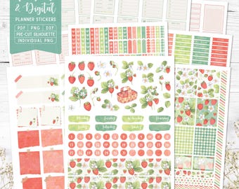 Naklejki Truskawkowe Planner: do druku i cyfrowe (PDF, Cricut, Silhouette Studio, wstępnie przycięte PNG dla Goodnotes)