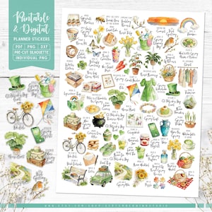 May include: A sheet of printable and digital planner stickers with various spring-themed illustrations. Includes images of flowers, kites, bicycles, and St. Patrick's Day elements. The text "Printable & Digital Planner Stickers" is at the top.