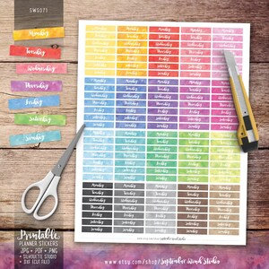 Days of the Week Printable Planner Stickers, Date Cover Stickers, Watercolor Stickers, Erin Condren Planner Stickers