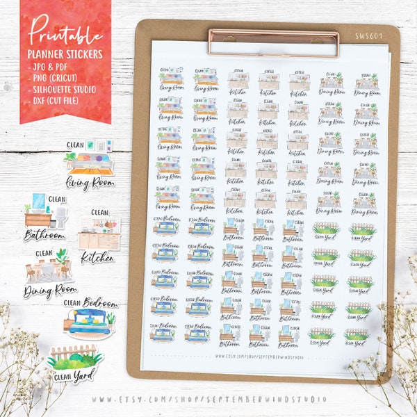 House Cleaning Printable Planner Stickers, House Chores Planner Stickers, Cleaning Stickers, Cricut, Watercolor Stickers, Cut File