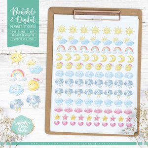 Weather Printable Planner Stickers, Weather Stickers, Weather Digital Stickers, Sunny Rainy Cloudy Storm Rainbow Stickers