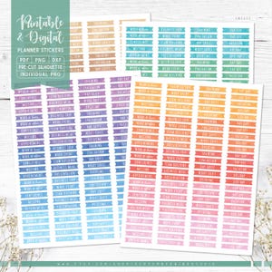 May include: Colorful planner stickers with text labels for various events. The stickers are in shades of orange, pink, blue, and purple. Text includes "Work," "Meeting," "Appointment," and "Vacation." The image also includes the text "Printable & Digital Planner Stickers."