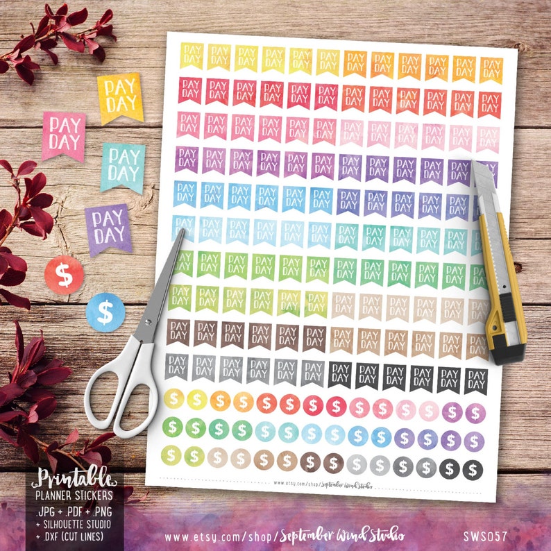 Payday Flag Printable Planner Stickers, Watercolor Payday Flag Stickers, Flag Stickers, Erin Condren Planner Stickers, Cut Files image 1