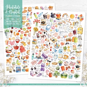 Peut inclure: Deux feuilles d'autocollants pour planificateur avec des illustrations à l'aquarelle de divers objets, notamment de la nourriture, des produits de beauté et des équipements d'exercice. Les autocollants sont étiquetés "Printable & Digital Planner Stickers".