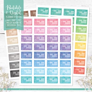 May include: Sheets of colorful planner stickers with the text "Sleep Tracker" and space to record sleep details. The stickers are in various colors, including pink, blue, green, and orange. The top left corner has the text "Printable & Digital".