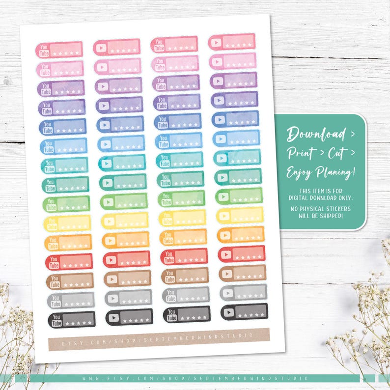 May include: A printable sheet of 36 colorful YouTube logo stickers. Each sticker features a white YouTube logo with a play button and a blank space for writing. The stickers are arranged in rows of six, with each row featuring a different color.