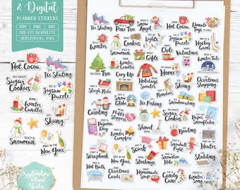 Pegatinas para planificador de vacaciones de invierno - Imprimibles y digitales - Pegatinas para álbumes de recortes navideños (PDF, PNG, DXF, Silhouette Cut)