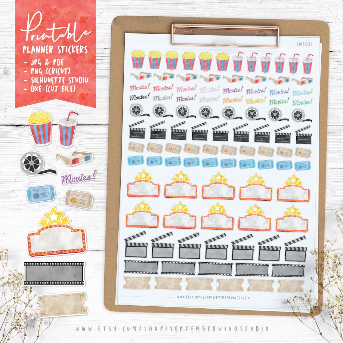 Movie Printable Planner Stickers Watercolor Movie Stickers - Etsy