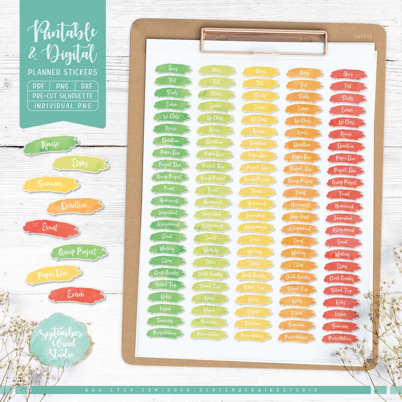 School Planner Stickers: Printable & Digital (PDF, Cricut PNG ...