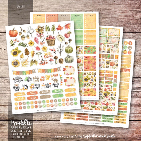 Fall Printable Planner Stickers, Fall Weekly Kit Printable Stickers, Watercolor Autumn Stickers, Fall Stickers, Printable Stickers, Cut File