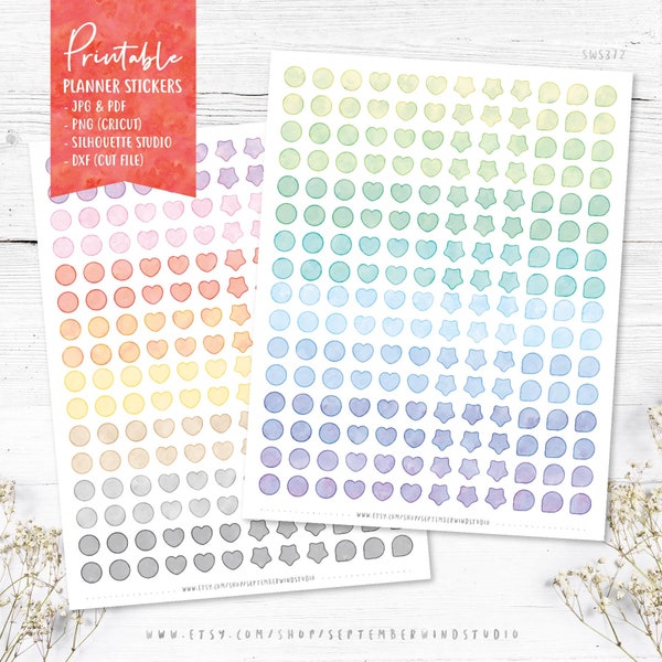 Watercolor Shapes Printable Planner Stickers, Circles Printable Stickers, Hearts Shapes Stickers, Erin Condren, Cricut, Cut File