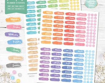 Date Cover Printable Planner Stickers, Watercolor Stickers, Days of The Week Stickers, Date Stickers, Erin Condren Planner Sticker