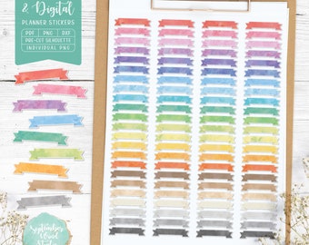 Watercolor Ribbon Banner Planner Stickers (Printable & Digital)