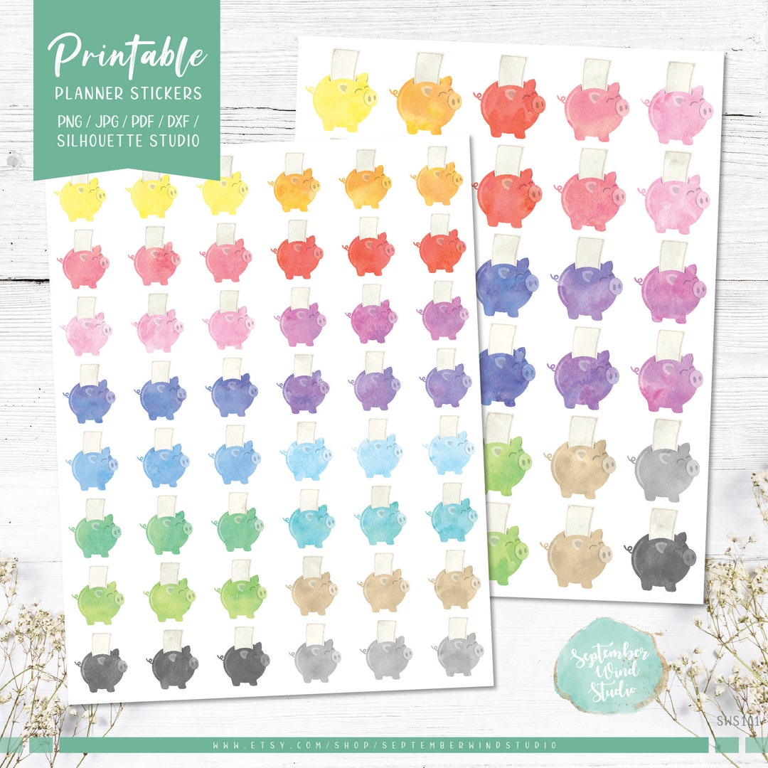Piggy Bank Saving Printable Planner Stickers, Watercolor Piggy Bank Planner Stickers, Saving ...