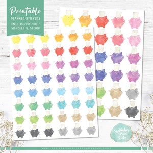 Piggy Bank Saving Printable Planner Stickers, Watercolor Piggy Bank Planner Stickers, Saving ...