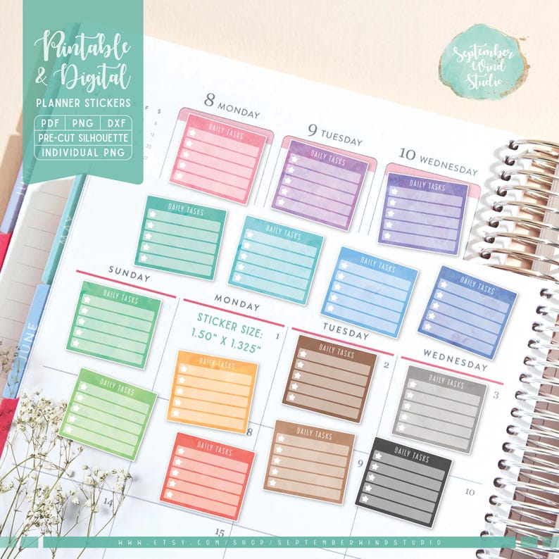 Daily Tasks Planner Stickers: Printable, Cricut & Goodnotes (digital ...