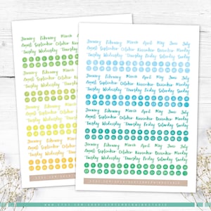 May include: Two sheets of planner stickers with handwritten text. The stickers feature months, days of the week, and numbered dates in various colors, including green, blue, and yellow. The text includes the shop's Etsy URL.