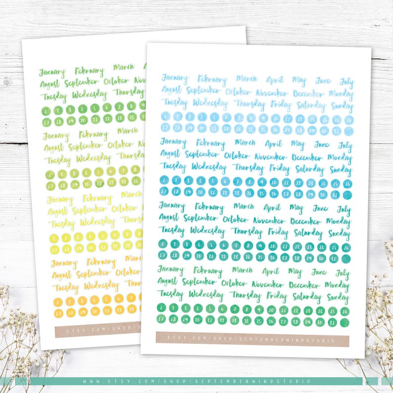 May include: Two sheets of planner stickers with handwritten text. The stickers feature months, days of the week, and numbered dates in various colors, including green, blue, and yellow. The text includes the shop's Etsy URL.