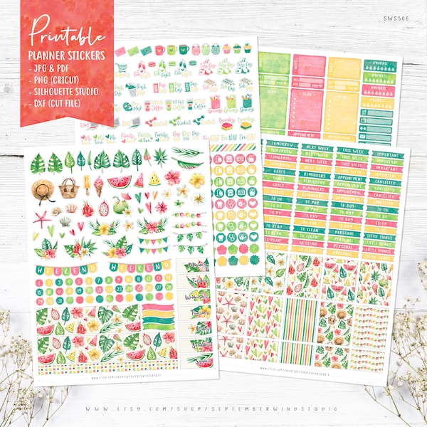 Vertical Weekly Printable Planner Stickers Kit, Summer Planner Stickers, Watercolor Stickers, Erin Condren Planner