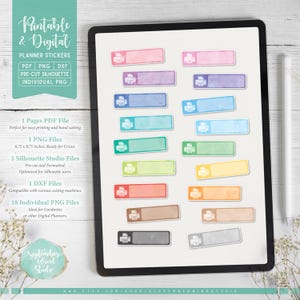 May include: Digital planner stickers displayed on a tablet. The stickers are rectangular with watercolor backgrounds in various colors, each featuring a printer icon. The tablet also displays text: "Printable & Digital Planner Stickers."
