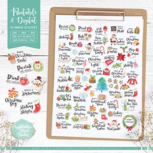Afdrukbare plannerstickers kerstemmerlijst, digitale kerststickers, voorgesneden png-bestand, afdrukbare pdf, silhouet en Cricut-bestanden