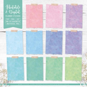 May include: A collection of printable and digital planner stickers in various pastel colors, including pink, blue, and green. Each sticker is a rectangular shape with a torn edge, affixed with tape. The image includes the text "Printable & Digital Planner Stickers".