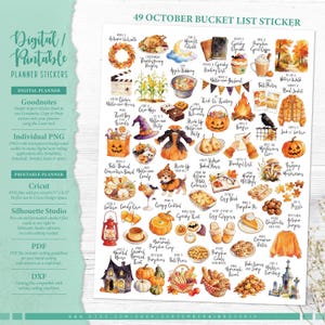 Może przedstawiać: Cyfrowy arkusz naklejek zatytułowany 49 OCTOBER BUCKET LIST STICKER zawierający akwarelowe ilustracje o tematyce jesiennej i halloweenowej, w tym dynie, nawiedzony dom, swetry, wypieki, jesienne liście oraz różne sezonowe aktywności.