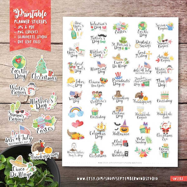 Yearly Holidays Printable Planner Stickers, Watercolor Stickers, Holiday Printable Stickers, Cut File