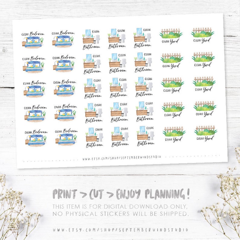 House Cleaning Printable Planner Stickers, House Chores Planner Stickers, Cleaning Stickers, Cricut, Watercolor Stickers, Cut File image 3