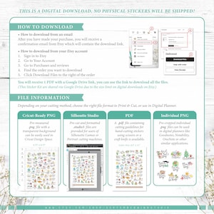 Puede incluir: Instrucciones de descarga digital para un kit de pegatinas. Incluye pasos para descargar desde el correo electr&oacute;nico y la cuenta de Etsy. La informaci&oacute;n del archivo incluye formatos PNG listos para Cricut, Silhouette Studio, PDF y PNG individuales. El texto dice: "&iexcl;Esta es una descarga digital, no se enviar&aacute;n pegatinas f&iacute;sicas!"