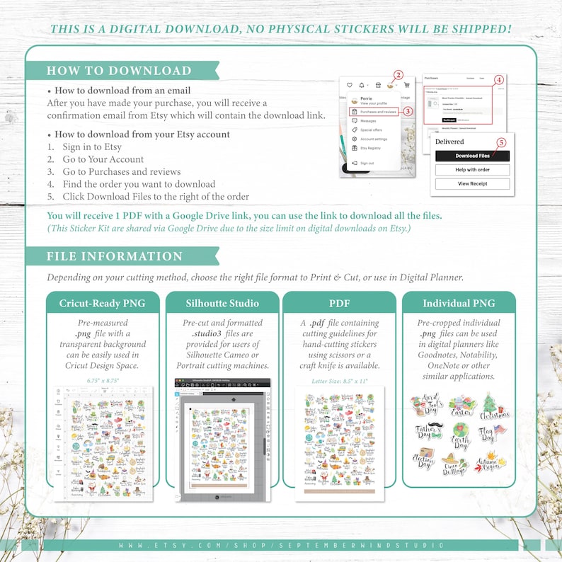 Puede incluir: Instrucciones de descarga digital para un kit de pegatinas. Incluye pasos para descargar desde el correo electr&oacute;nico y la cuenta de Etsy. La informaci&oacute;n del archivo incluye formatos PNG listos para Cricut, Silhouette Studio, PDF y PNG individuales. El texto dice: "&iexcl;Esta es una descarga digital, no se enviar&aacute;n pegatinas f&iacute;sicas!"