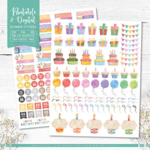 Adesivi stampabili per planner Birthay, adesivi per compleanno ad acquerello, adesivi per planner Erin Condren, file di taglio