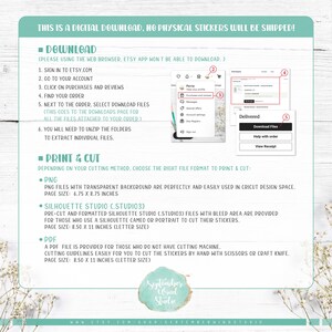 Pu&ograve; includere: Una guida al download digitale per adesivi stampabili. La guida spiega come scaricare i file da Etsy e fornisce istruzioni per stampare e ritagliare gli adesivi utilizzando diversi metodi, inclusi i file PNG, Silhouette Studio e PDF. La guida include anche la dimensione di ogni formato di file.