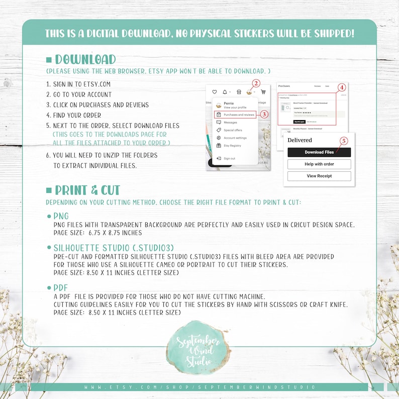 Pu&ograve; includere: Una guida al download digitale per adesivi stampabili. La guida spiega come scaricare i file da Etsy e fornisce istruzioni per stampare e ritagliare gli adesivi utilizzando diversi metodi, inclusi i file PNG, Silhouette Studio e PDF. La guida include anche la dimensione di ogni formato di file.