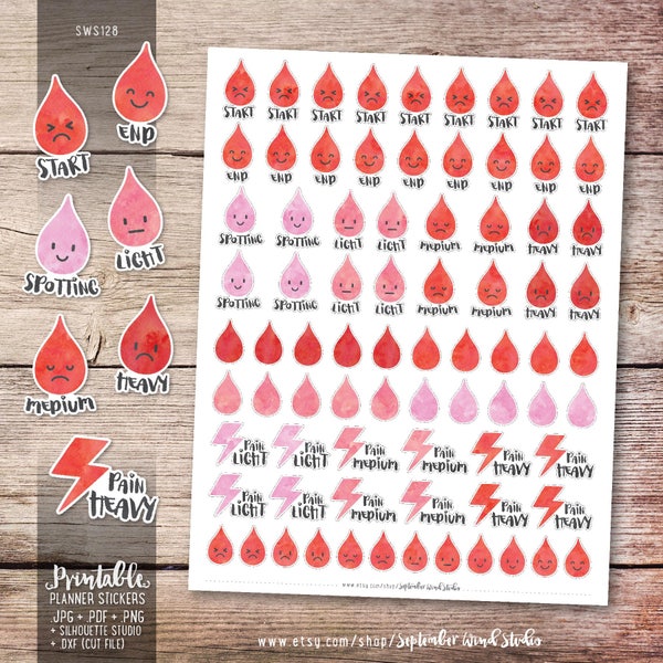 Blood Drop Period Tracker Printable Planner Stickers, Watercolor Blood Drop Stickers, Period Tracker Stickers, Erin Condren, Cut File
