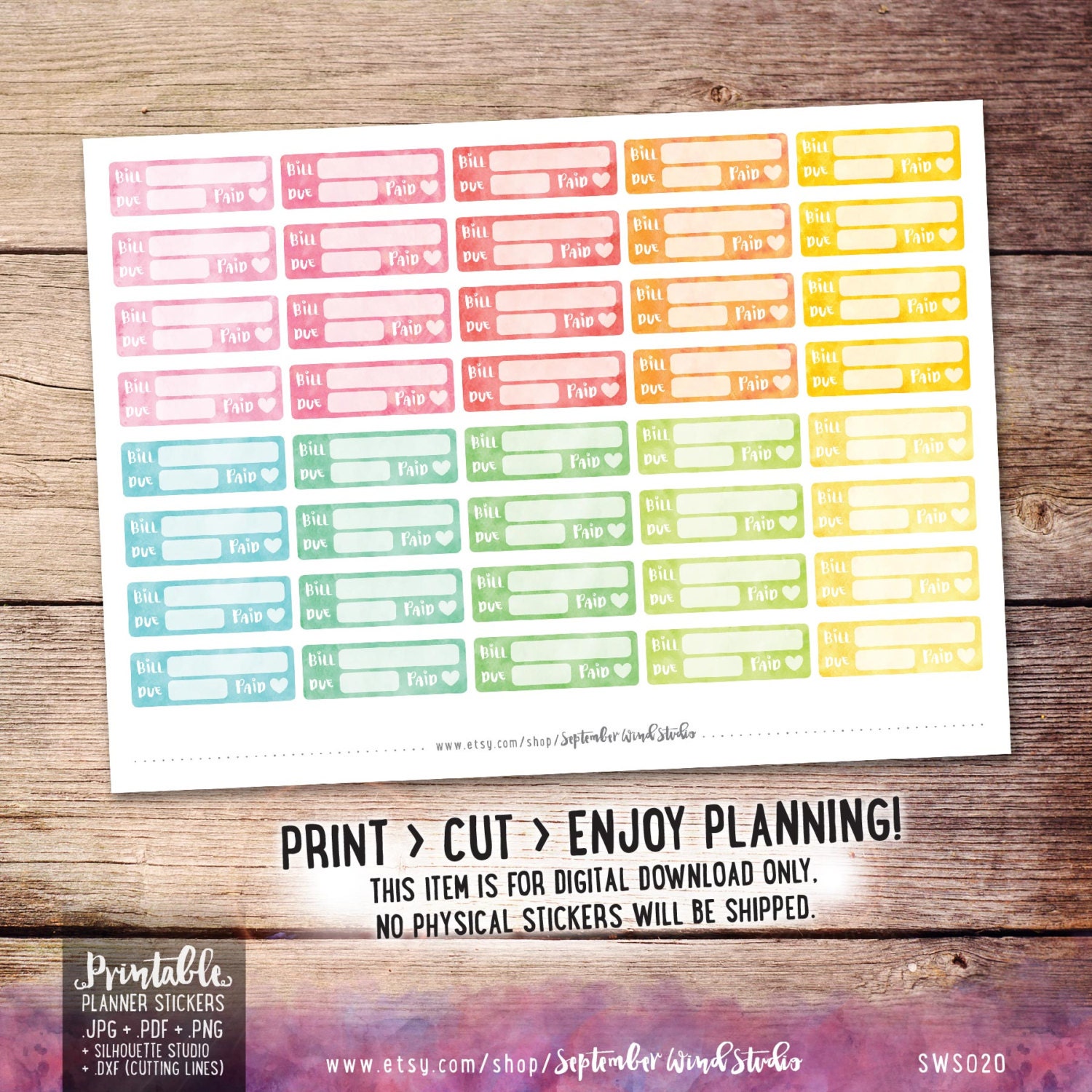 Bill Due Printable Planner Stickers Watercolor Bill Due - Etsy