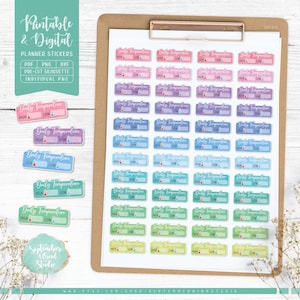Op de afbeelding: Een vel met 48 kleurrijke dagelijkse temperatuurplanner stickers. Elke sticker heeft een thermometerafbeelding, een lege ruimte om te schrijven en de woorden "Dagelijkse temperatuur" met de labels "Hoog" en "Laag".