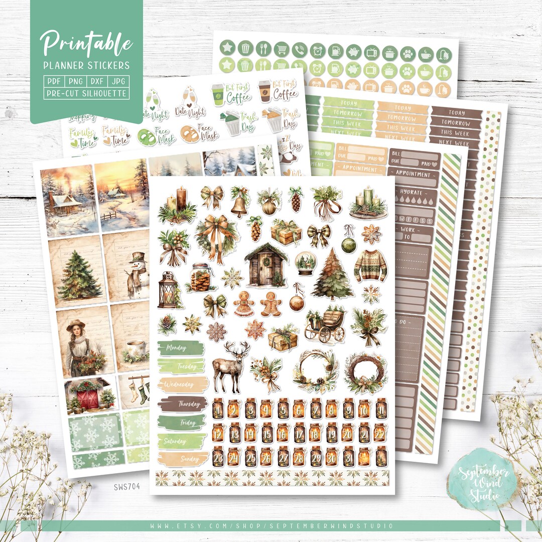 Rustic Christmas Printable Planner Stickers, Vertical Weekly Kit ...