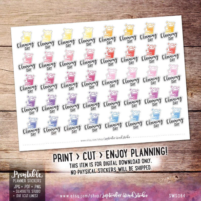 Cleaning Day Printable Planner Stickers, Watercolor Cleaning Stickers, Housekeeping Stickers, Erin Condren Planner Stickers, Cut Files image 2