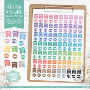 Puede incluir: Una hoja de pegatinas de planificador coloridas con el texto "Work Out" y un icono de mancuerna. Las pegatinas están dispuestas en un patrón de arcoíris sobre un fondo blanco.