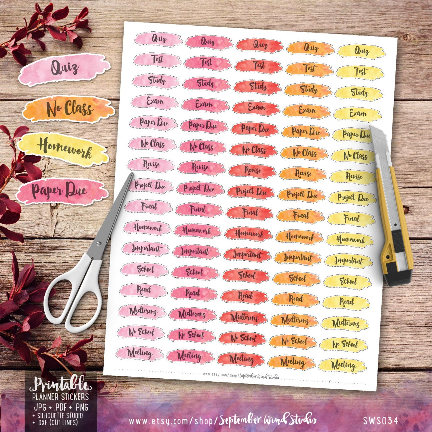 Happy Planner Erin Condren Planner Stickers Watercolor School Stickers School Printable Planner Stickers