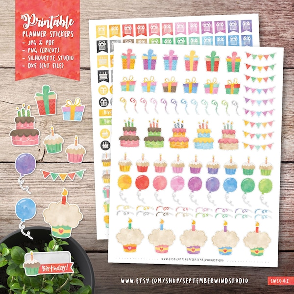 Birthay Printable Planner Stickers, Watercolor Birthday Stickers, Erin Condren Planner Stickers, Cut File