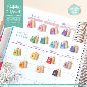 Puede incluir: Una hoja de pegatinas de planificador imprimibles con bolsas de la compra de acuarela con corazones en varios colores. Las pegatinas miden 0,88 pulgadas por 0,96 pulgadas y est&aacute;n etiquetadas con los d&iacute;as de la semana.