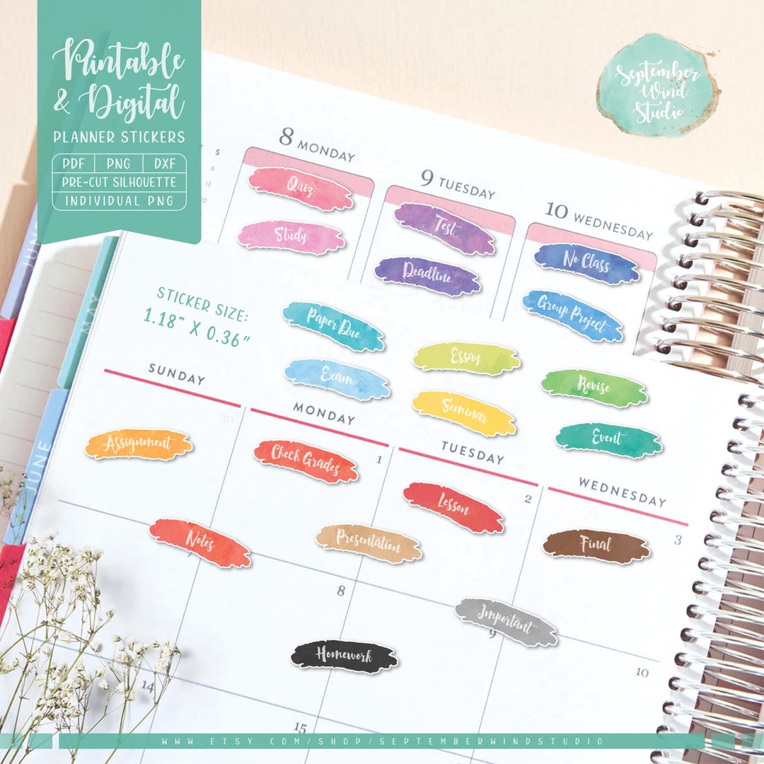 School Planner Stickers: Printable & Digital (PDF, Cricut PNG ...