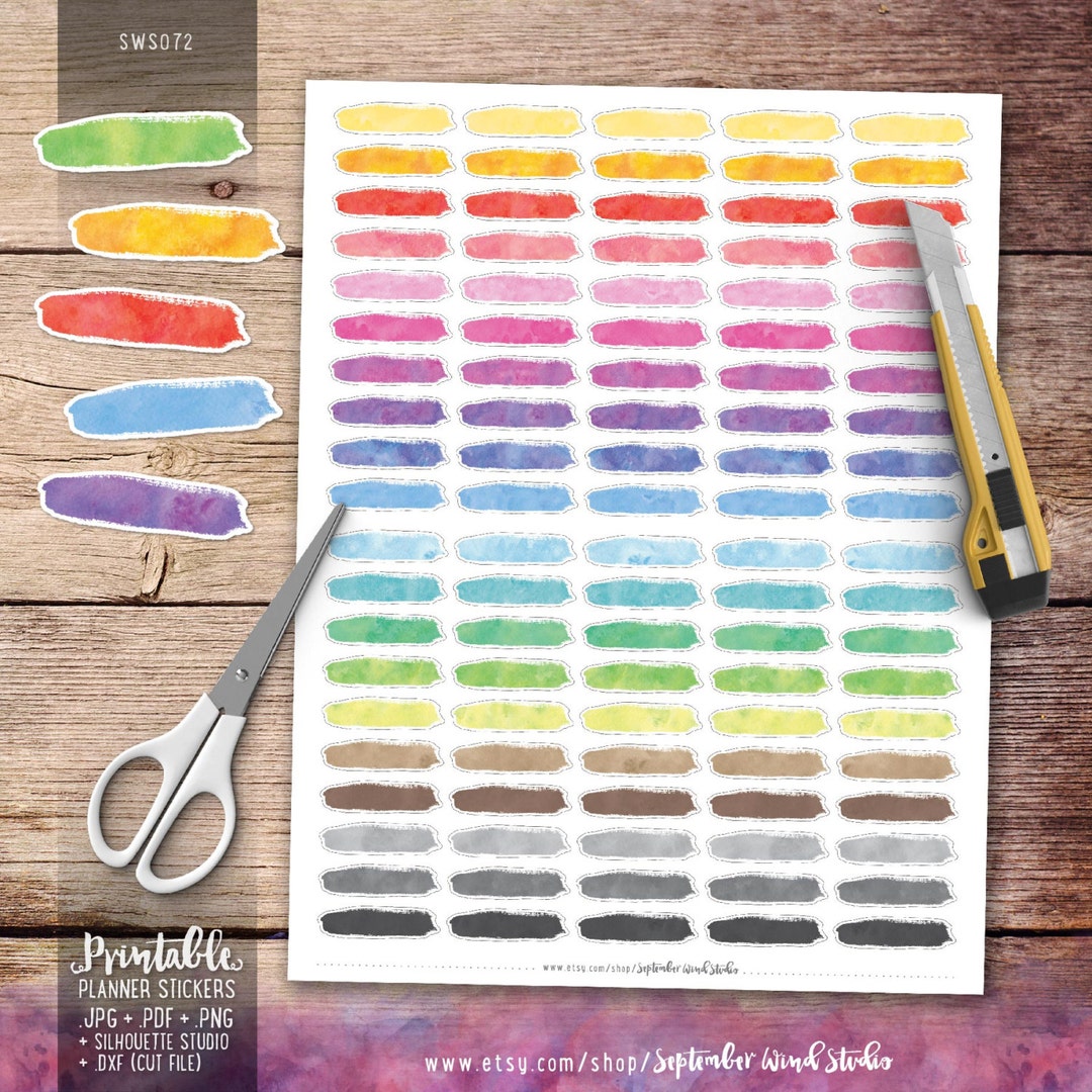 Brush Stroke Printable Planner Stickers, Watercolor Brush Stickers ...