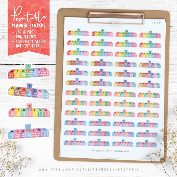 Pill Box Printable Planner Stickers, Pill Stickers, Medication Stickers, Watercolor Stickers, Erin Condren Planner Stickers, Cut File